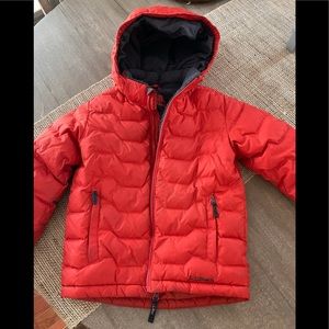 LL Bean winter jacket. It is an orange/red and is lined with fleece.